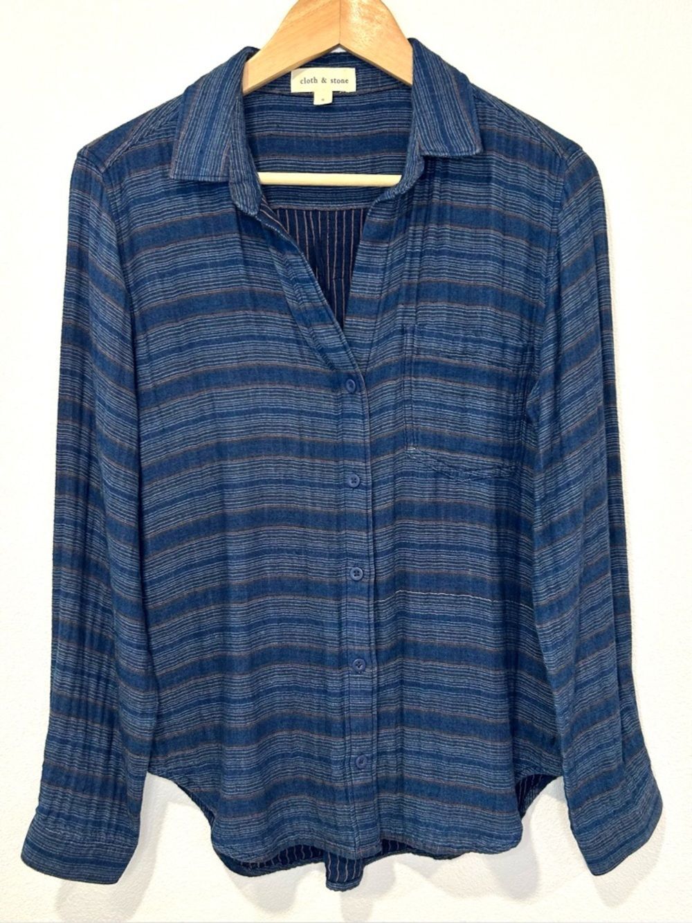 Anthropologie Cloth & Stone Blue Striped Cotton Button Down Shirt Casual Size S